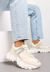 Beżowe Sznurowane Sneakersy na Grubej Podeszwie ze Wstawkami i Brokatem Widgeta. Brązowe obuwie sportowe damskie Renee, bez zapięcia. Za 89.99 zł.