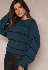 Granatowy Sweter z Szerokimi Bufiastymi Rękawami i Drobnym Wzorem Nigistis. Niebieskie swetry klasyczne damskie Renee, z dzianiny, bez kołnierzyka. Za 69.99 zł.