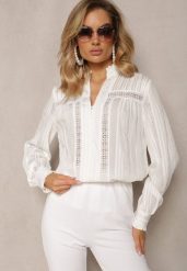 Biała Oversizowa Koszula Ozdobiona Ażurową Koronką Miaraha. Białe koszule damskie Renee, na lato, l, w ażurowe wzory, z jeansu, eleganckie, bez kołnierzyka, bez ramiączek. Za 99.99 zł.