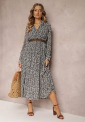 Biało-Czarna Sukienka Rozkloszowana w Kwiaty z Paskiem Rakhila. Czarne sukienki damskie Renee, bez wzorów, eleganckie, bez ramiączek. W wyprzedaży za 111.99 zł.