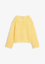 Sweter ażurowy oversize, o kroju pudełkowym. Żółte swetry klasyczne damskie bonprix, z bawełny, bez kołnierzyka. Za 129.99 zł.