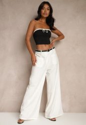 Białe Szerokie Spodnie High Waist z Wiskozą z Ozdobnymi Przeszyciami Linadia. Białe spodnie materiałowe damskie Renee, bez wzorów, z jeansu. Za 99.99 zł.