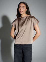 OPUS Bluzka w kolorze szarobrązowym rozmiar: 36. Brązowe bluzki damskie Opus, bez wzorów, z satyny, bez kołnierzyka, bez ramiączek. Za 104.99 zł.