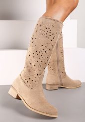 Ciemnobeżowe Kozaki na Płaskiej Podeszwie z Ażurowym Zdobieniem na Suwak Bralinda. Brązowe kozaki damskie Renee, bez obcasa, na obcasie, bez zapięcia. Za 179.99 zł.