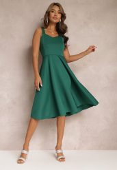 Zielona Sukienka Midi na Szerokich Ramiączkach z Rozkloszowanym Dołem Kiratta. Zielone sukienki damskie Renee, bez wzorów, eleganckie, bez ramiączek. W wyprzedaży za 135.99 zł.