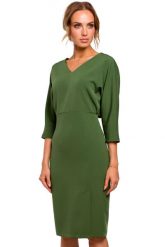 Sukienka elegancka ołówkowa zbluzowana góra i dekolt V zielona. Zielone sukienki damskie Sukienki.shop, bez wzorów, biznesowe, bez ramiączek. Za 229.00 zł.