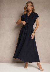 Granatowa Koszulowa Sukienka z Krótkim Rękawem Wiązana w Talii Nalumea. Niebieskie sukienki damskie Renee, bez wzorów, eleganckie, bez ramiączek. W wyprzedaży za 63.99 zł.