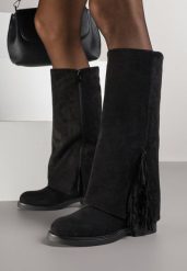 Czarne Kozaki z Wywiniętą Cholewką i Frędzlami Reisela. Czarne kozaki damskie Born2be, bez obcasa, na płaskiej podeszwie, bez zapięcia. Za 179.99 zł.