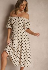 Beżowa Sukienka Hiszpanka Vices w Kropki o Rozkloszowanym Kroju Zilua. Brązowe sukienki damskie Renee, bez wzorów, z materiału, retro, bez ramiączek. Za 129.99 zł.