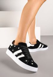Czarne Sneakersy z Ozdobnymi Paskami i Haftowanymi Kwiatami Malunea. Czarne obuwie sportowe damskie Born2be, z jeansu, bez zapięcia. Za 89.99 zł.