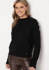 Czarny Sweter Półgolf z Modalem Wiskozą i Guzikami Emmiala. Czarne swetry klasyczne damskie Born2be, l, z jeansu, bez kołnierzyka. Za 74.99 zł.
