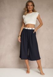 Granatowe Eleganckie Spodnie Typu Culottes Silunea. Niebieskie spodnie materiałowe damskie Renee, bez wzorów, z jeansu. Za 74.99 zł.