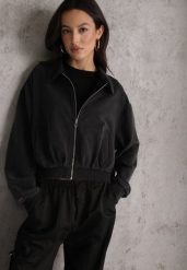 Czarna Bluza Bomberka z Bawełny Oversize Ozdobiona Kołnierzem Vimelles. Czarne bluzy damskie Renee, m, bez wzorów, z bawełny, bez kaptura. Za 149.99 zł.