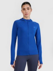 4F Bluza do biegania w terenie rozpinana z kapturem damska - niebieska M/L. Niebieskie bluzy damskie 4F, l, bez wzorów, z dzianiny, z kapturem. W wyprzedaży za 139.99 zł.