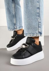 Czarne Sneakersy na Platformie z Metaliczną Ozdobą Weolinne. Czarne obuwie sportowe damskie Born2be, z dresówki, bez zapięcia. Za 89.99 zł.