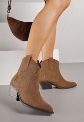 Brązowe Skórzane Botki Kowbojki na Stożkowym Obcasie Elinyra. Brązowe botki damskie Born2be, z jeansu, eleganckie, bez obcasa, na obcasie, bez zapięcia. Za 179.99 zł.