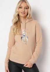Beżowa Bluza z Kapturem i Nadrukiem Diames. Brązowe bluzy damskie Born2be, l, bez wzorów, z polaru, z kapturem. Za 84.99 zł.
