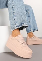 Różowe Sneakersy na Tłoczonej Grubej Podeszwie Vaitessa. Czerwone obuwie sportowe damskie Born2be, z jeansu, bez zapięcia, trekkingowe. Za 74.99 zł.
