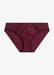 Figi z delikatną koronką. Fioletowe figi bonprix, bez wzorów, z koronki. Za 32.99 zł.