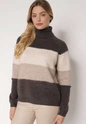 Brązowy Golf Oversize w Szerokie Pasy z Domieszką Kaszmiru Nellemia. Brązowe golfy damskie Born2be, uniwersalny, bez wzorów, z dzianiny, bez ramiączek. Za 129.99 zł.