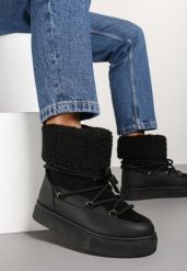 Czarne Śniegowce Futerkowe na Platformie ze Sznurowaną Cholewką Izalithia. Czarne śniegowce damskie Renee, z futra. Za 79.99 zł.