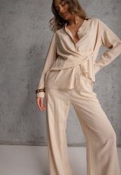 Beżowy Komplet z Wiskozy Spodnie Szerokie i Koszula z Ozdobnym Materiałem Airial. Brązowe koszule damskie Renee, l, bez wzorów, z wiskozy, bez kołnierzyka, bez ramiączek. Za 149.99 zł.