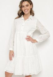 Biała Bawełniana Sukienka Ozdobiona Haftem Folira. Białe sukienki damskie Born2be, bez wzorów, z bawełny, eleganckie, bez ramiączek. W wyprzedaży za 110.49 zł.