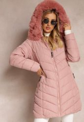 Różowa Pikowana Kurtka o Wydłużonym Fasonie z Odpinanym Kapturem i Sztucznym Futerkiem Nasteh. Czerwone kurtki damskie Renee, l, bez wzorów, z tkaniny. Za 289.99 zł.