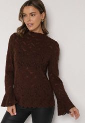Brązowa Koronkowa Bluzka ze Stójką i Rozszerzanymi Rękawami Nefina. Brązowe bluzki damskie Born2be, l, z aplikacjami, z jeansu, eleganckie, bez kołnierzyka, bez ramiączek. Za 89.99 zł.