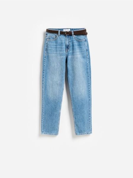 Jeansy mom slim z paskiem - niebieski. Niebieskie jeansy damskie Reserved. Za 139.99 zł.