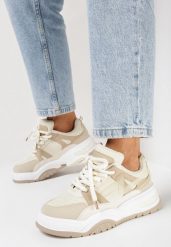 Beżowe Sneakersy z Szerokimi Sznurówkami Platinia. Brązowe obuwie sportowe damskie Born2be, bez zapięcia. Za 89.99 zł.