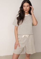 Kremowo-Czarne Bawełniane Szorty Dresowe w Drobne Paseczki Wiązane na Sznurki Loregune. Brązowe szorty damskie Born2be, bez wzorów, z bawełny. Za 59.99 zł.