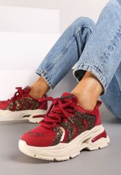 Bordowe Brokatowe Sneakersy na Grubej Podeszwie Wlanna. Czerwone obuwie sportowe damskie Born2be, z materiału, bez zapięcia. Za 109.99 zł.