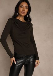 Brązowa Bluzka Longsleeve o Asymetrycznym Kroju z Poduszkami w Ramionach Tusandia. Brązowe bluzki damskie Renee, m, bez wzorów, z jeansu, biznesowe, z asymetrycznym kołnierzem, bez ramiączek. Za 79.99 zł.