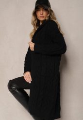 Czarny Kardigan z Tłoczonej Dzianiny z Wełną i Wiskozą z Kapturem i Kieszeniami Vaileth. Czarne kardigany damskie Renee, m, bez wzorów, z dzianiny. Za 119.99 zł.