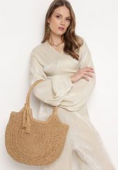 Ciemnobeżowa Okrągła Torebka Pleciona w Stylu Boho z Ozdobnym Chwostem Karasa. Brązowe torebki klasyczne damskie Born2be, bez dodatków. Za 109.99 zł.