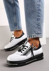 Biało-Czarne Sznurowane Sneakersy na Grubej Podeszwie ze Skórzaną Wkładką Napisami i Dekoracyjnym Suwakiem Iriane. Białe obuwie sportowe damskie Born2be, z materiału, bez zapięcia. Za 64.99 zł.