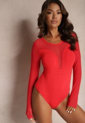 Czerwone Wiskozowe Body z Transparentnymi Wstawkami i Zapięciem na Haftki Maivia. Czerwone body i gorsety Renee, bez wzorów, z jeansu. Za 49.99 zł.