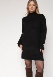 Czarna Dzianinowa Sukienka z Półgolfem z Domieszką Wełny i Wiskozą Nesara. Czarne sukienki damskie Born2be, bez wzorów, z dzianiny, bez ramiączek. Za 129.99 zł.