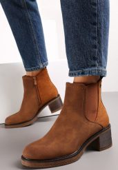 Brązowe Botki na Słupku z Ekozamszu Otielo. Brązowe botki damskie Renee, eleganckie, bez obcasa, na obcasie, bez zapięcia. Za 119.99 zł.