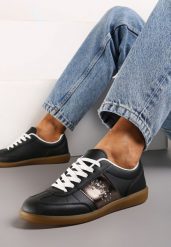 Czarne Sneakersy na Płaskiej Podeszwie z Wiązaniem i Ozdobną Wstawką Drukesti. Czarne obuwie sportowe damskie Renee, z materiału, bez zapięcia. Za 69.99 zł.