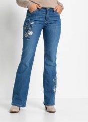 Jeansy flared, mid waist, ze stretchem. Niebieskie jeansy damskie bonprix. Za 159.99 zł.