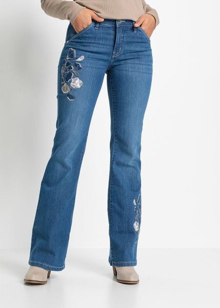 Jeansy flared, mid waist, ze stretchem. Niebieskie jeansy damskie bonprix. Za 159.99 zł.