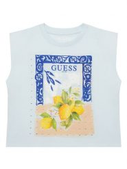 Guess Top J6GI12 K8HM4 Błękitny Regular Fit. Niebieskie koszulki i t-shirty dziewczęce Guess, z aplikacjami, z bawełny, bez kołnierzyka, bez ramiączek. Za 119.99 zł.