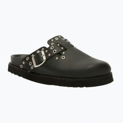 Klapki damskie Scholl Beatriz Ring Leather. Czarne klapki damskie Scholl, bez wzorów, z materiału, bez obcasa, bez zapięcia. Za 589.99 zł.