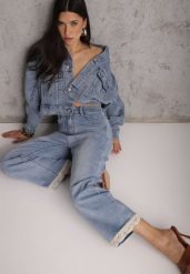 Niebieskie Jeansy z Bawełną i Koronką przy Nogawkach Neathlin. Niebieskie jeansy damskie Renee, z aplikacjami, z bawełny. Za 109.99 zł.