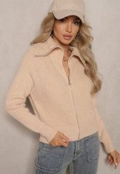 Beżowy Kardigan z Wełną o Kroju z Golfem i Zapięciem na Zamek Zinfria. Brązowe golfy damskie Renee, bez wzorów, z dzianiny. Za 109.99 zł.