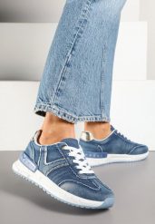 Ciemnoniebieskie Sneakersy na Grubej Podeszwie Zdobione Przetarciami Ninilitia. Niebieskie obuwie sportowe damskie Renee, z jeansu, bez zapięcia, trekkingowe. Za 89.99 zł.