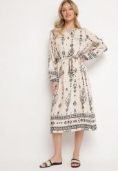 Jasnobeżowa Sukienka we Wzory Boho Pudełkowa z Paskiem w Talii Lisanea. Brązowe sukienki damskie Born2be, bez wzorów, z materiału, boho, bez ramiączek. W wyprzedaży za 84.99 zł.
