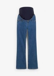 Dżinsy ciążowe z bawełną organiczną, lekko poszerzana nogawka. Niebieskie jeansy damskie bonprix, moda ciążowa. Za 159.99 zł.